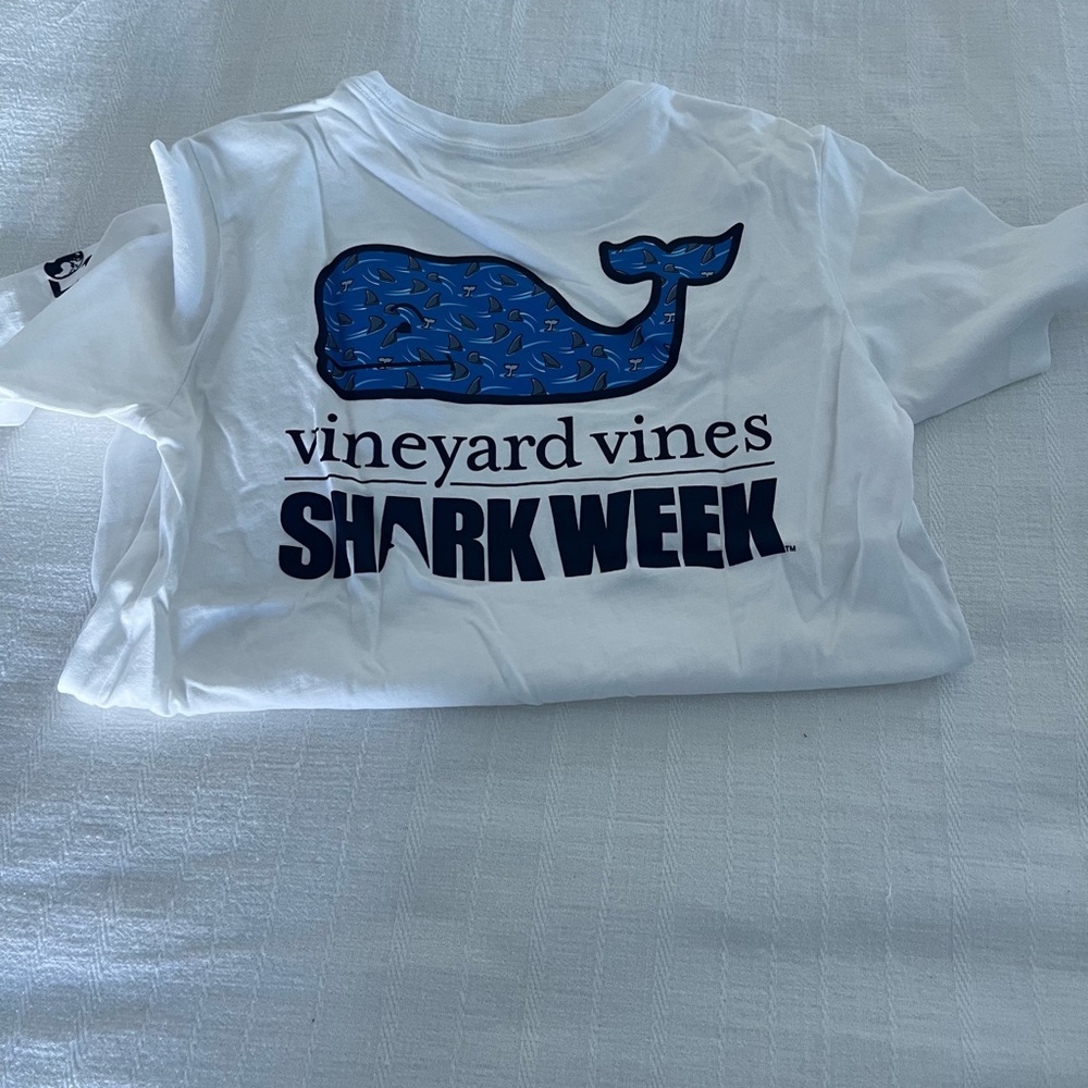 Vineyard Vines White T-Shirt with Blue Logo - Shark Week